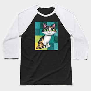 Cute Calico Cat on Greenish and yellow squares Baseball T-Shirt